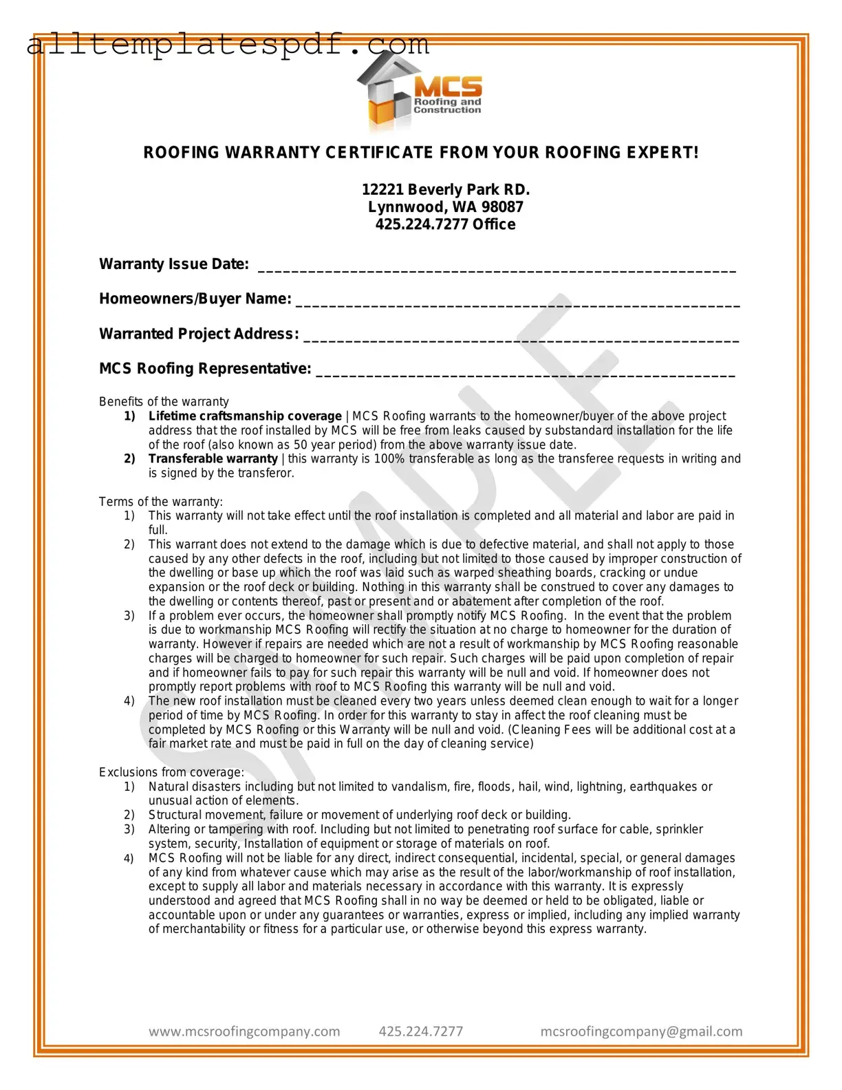 Fill Out a Valid Roofing Warranty Certificate Form