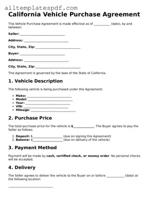 Blank Vehicle Purchase Agreement Template for the State of California