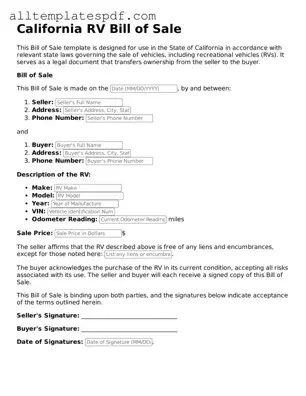 Blank RV Bill of Sale Template for the State of California
