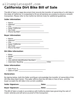 Blank Dirt Bike Bill of Sale Template for the State of California