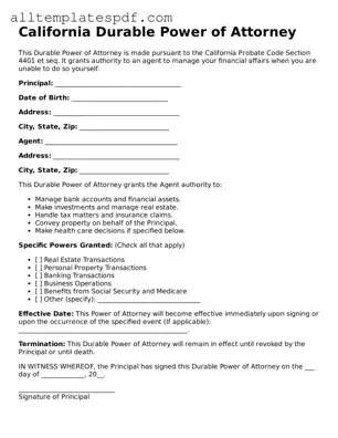 Blank Durable Power of Attorney Template for the State of California