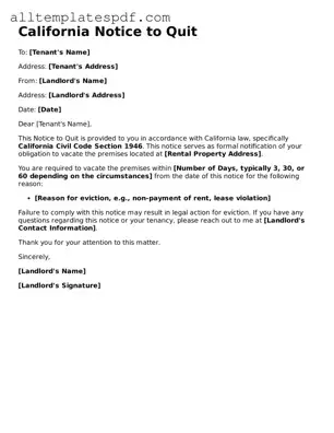 Blank Notice to Quit Template for the State of California