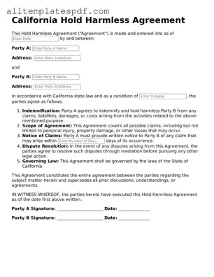 Blank Hold Harmless Agreement Template for the State of California