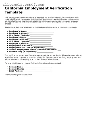 Blank Employment Verification Template for the State of California