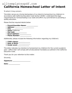 Blank Homeschool Letter of Intent Template for the State of California