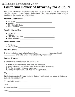 Blank Power of Attorney for a Child Template for the State of California