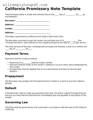 Blank Promissory Note Template for the State of California