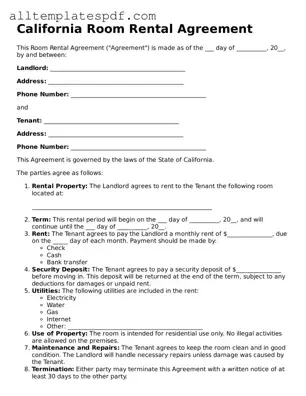 Blank Room Rental Agreement Template for the State of California