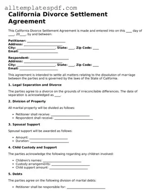 Blank Divorce Settlement Agreement Template for the State of California