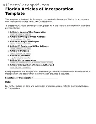 Blank Articles of Incorporation Template for the State of Florida