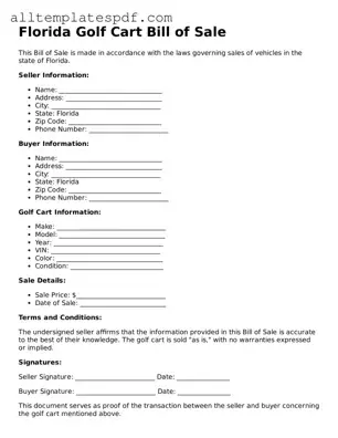 Blank Golf Cart Bill of Sale Template for the State of Florida