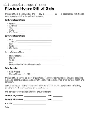 Blank Horse Bill of Sale Template for the State of Florida