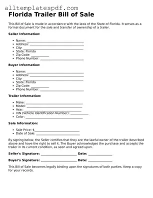 Blank Trailer Bill of Sale Template for the State of Florida