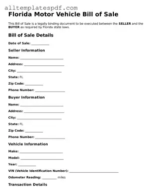 Blank Motor Vehicle Bill of Sale Template for the State of Florida
