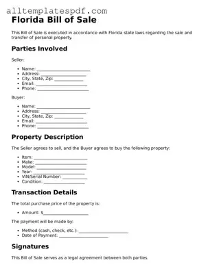 Blank Bill of Sale Template for the State of Florida