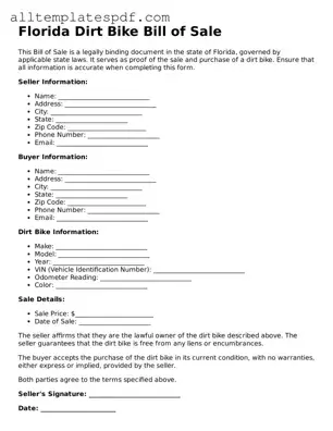 Blank Dirt Bike Bill of Sale Template for the State of Florida