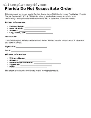 Blank Do Not Resuscitate Order Template for the State of Florida