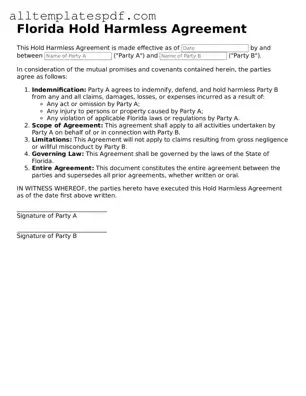Blank Hold Harmless Agreement Template for the State of Florida