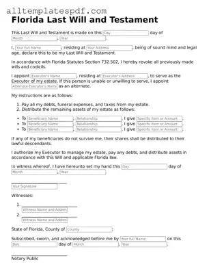 Blank Last Will and Testament Template for the State of Florida
