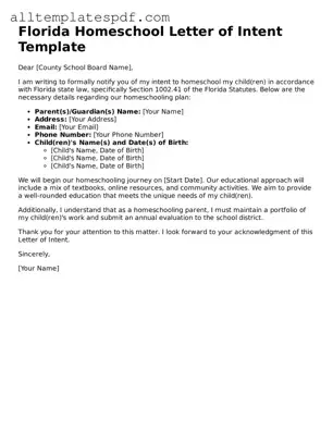 Blank Homeschool Letter of Intent Template for the State of Florida