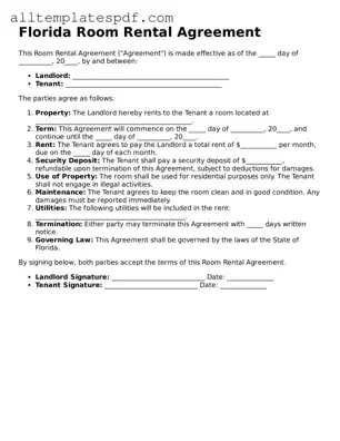 Blank Room Rental Agreement Template for the State of Florida