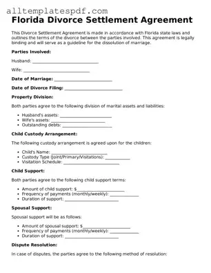 Blank Divorce Settlement Agreement Template for the State of Florida