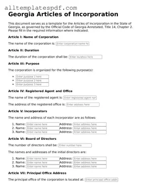 Blank Articles of Incorporation Template for the State of Georgia