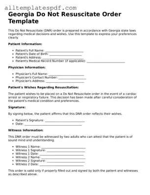 Blank Do Not Resuscitate Order Template for the State of Georgia