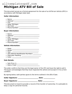 Blank ATV Bill of Sale Template for the State of Michigan