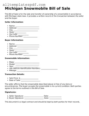 Blank Snowmobile Bill of Sale Template for the State of Michigan