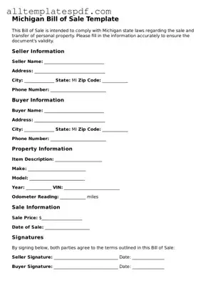 Blank Bill of Sale Template for the State of Michigan