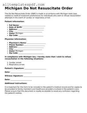 Blank Do Not Resuscitate Order Template for the State of Michigan