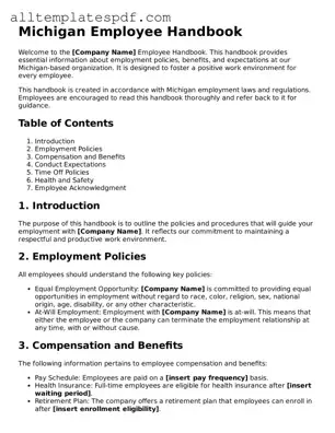 Blank Employee Handbook Template for the State of Michigan
