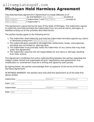 Blank Hold Harmless Agreement Template for the State of Michigan