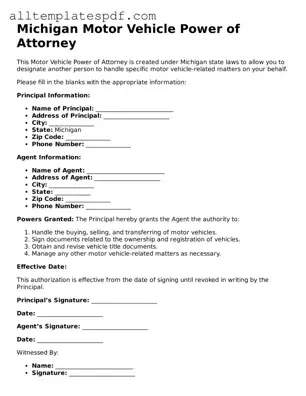 Blank Motor Vehicle Power of Attorney Template for the State of Michigan