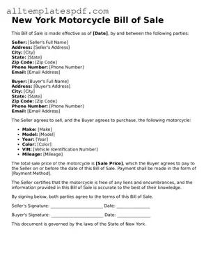 Blank Motorcycle Bill of Sale Template for the State of New York
