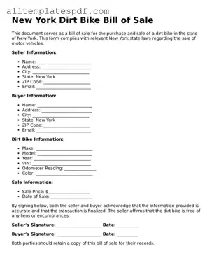 Blank Dirt Bike Bill of Sale Template for the State of New York