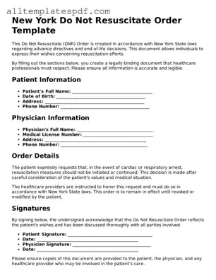 Blank Do Not Resuscitate Order Template for the State of New York