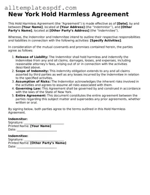 Blank Hold Harmless Agreement Template for the State of New York