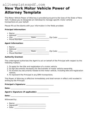 Blank Motor Vehicle Power of Attorney Template for the State of New York