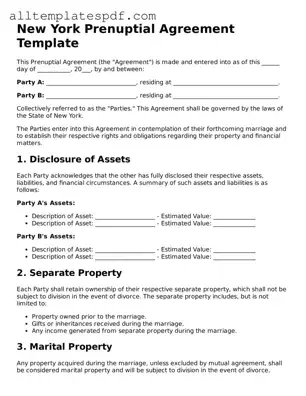 Blank Prenuptial Agreement Template for the State of New York
