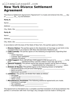 Blank Divorce Settlement Agreement Template for the State of New York