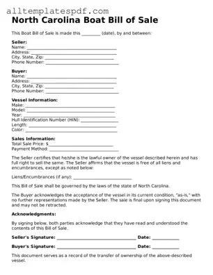 Blank Boat Bill of Sale Template for the State of North Carolina