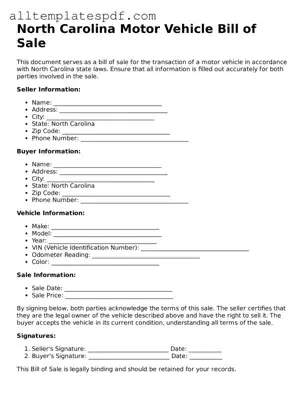Blank Motor Vehicle Bill of Sale Template for the State of North Carolina