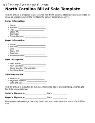 Blank Bill of Sale Template for the State of North Carolina