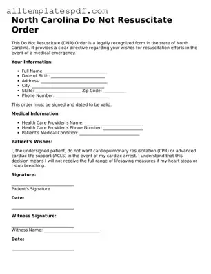 Blank Do Not Resuscitate Order Template for the State of North Carolina