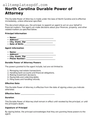 Blank Durable Power of Attorney Template for the State of North Carolina