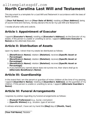 Blank Last Will and Testament Template for the State of North Carolina