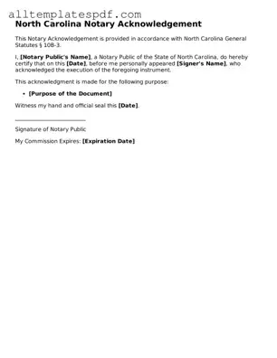 Blank Notary Acknowledgement Template for the State of North Carolina