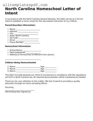 Blank Homeschool Letter of Intent Template for the State of North Carolina